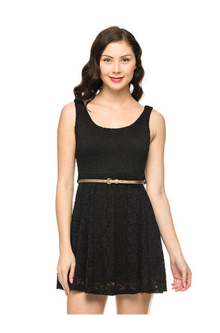 Belted Fit & Flare Lace Cocktail Dress