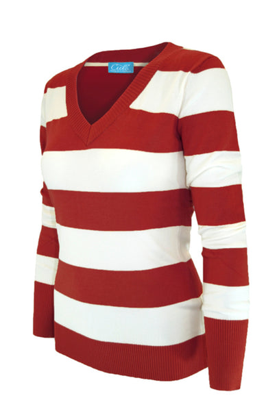 Long Sleeve V-Neck Pullover Cardigan - BodiLove | 30% Off First Order - 1 | Red & White
