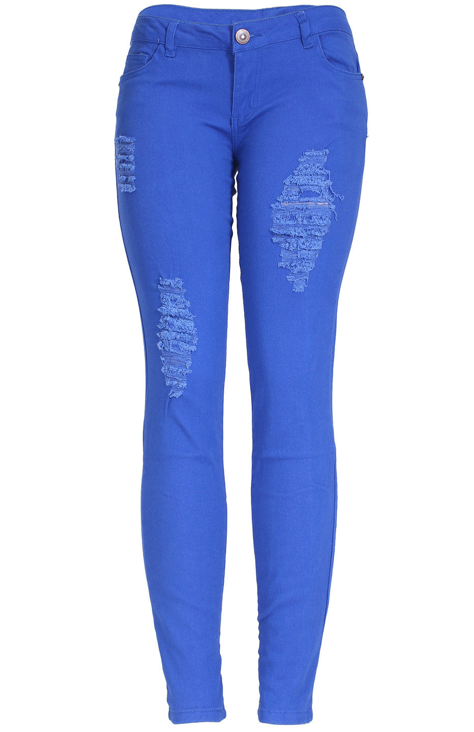 BodiLove Women's Stretchy Skinny Jeans - Distressed Denim With 5 Pockets (Medium Blue, Size 1)