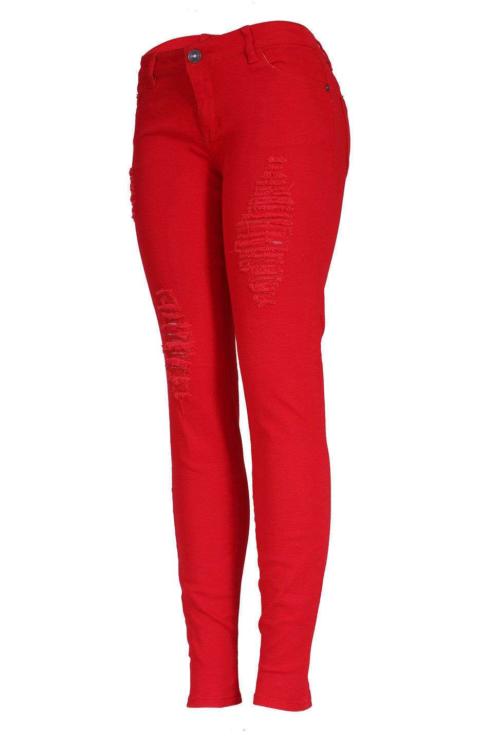 Red distressed jeans deals