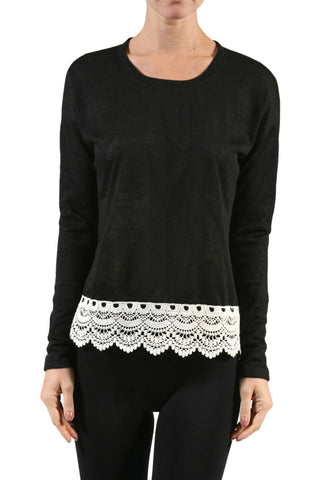 Long Sleeve Sweater With Sheer Lace Trim